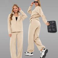 Damen sportliches Fleece-Set mit hohem Kragen und weitem Bein WW