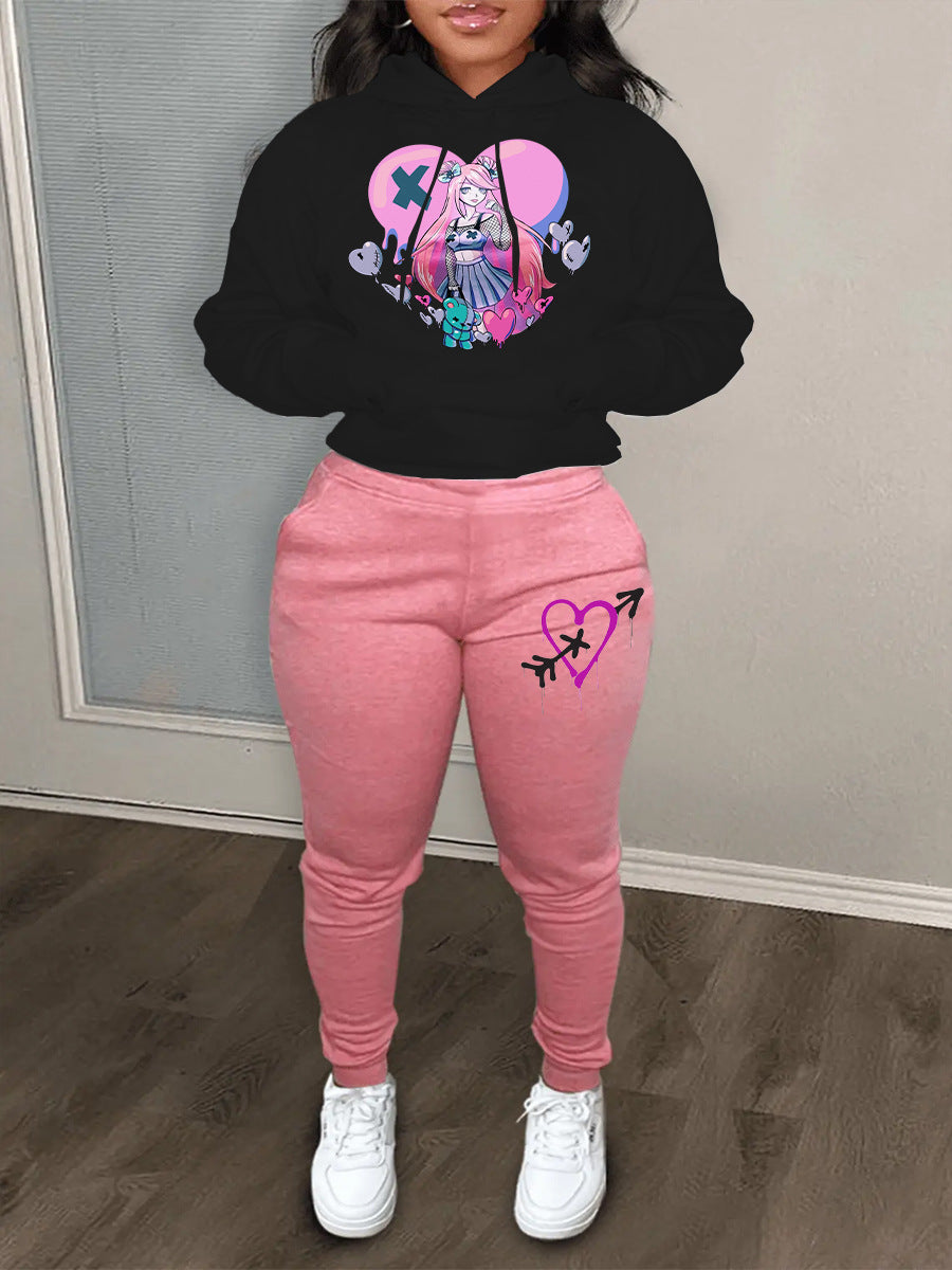 Damen Sportliches Hoodie- und Jogginghose-Set mit einzigartigem Grafikdesign WW
