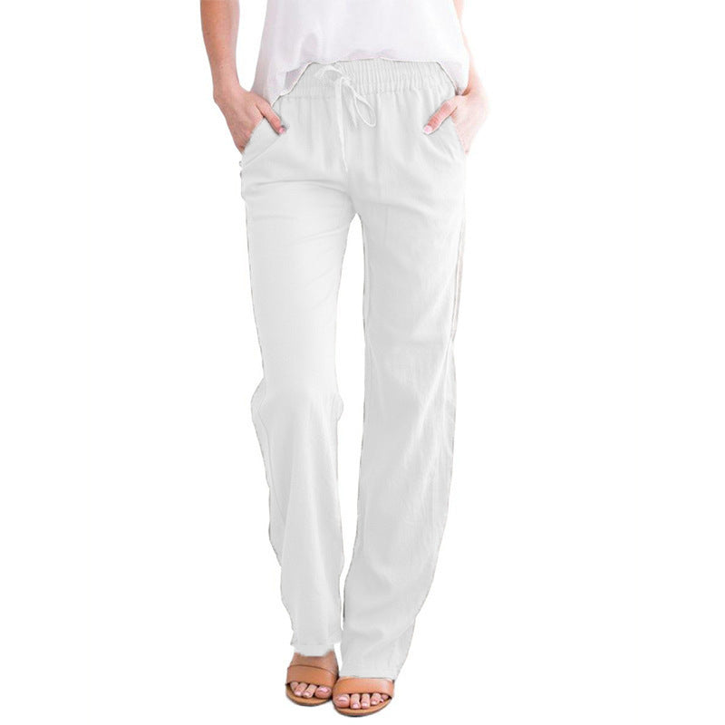 Damen Weite Leinenhose mit elastischem Bund und praktischen Seitentaschen WW