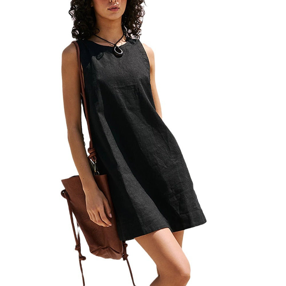 WW | Leinen Tank Rückenfreies Einfarbiges Mini Kleid