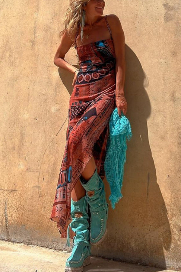 Damen Maxikleid mit asymmetrischem Ethno-Muster und schmalen Spaghettiträgern WW