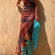 Damen Maxikleid mit asymmetrischem Ethno-Muster und schmalen Spaghettiträgern WW