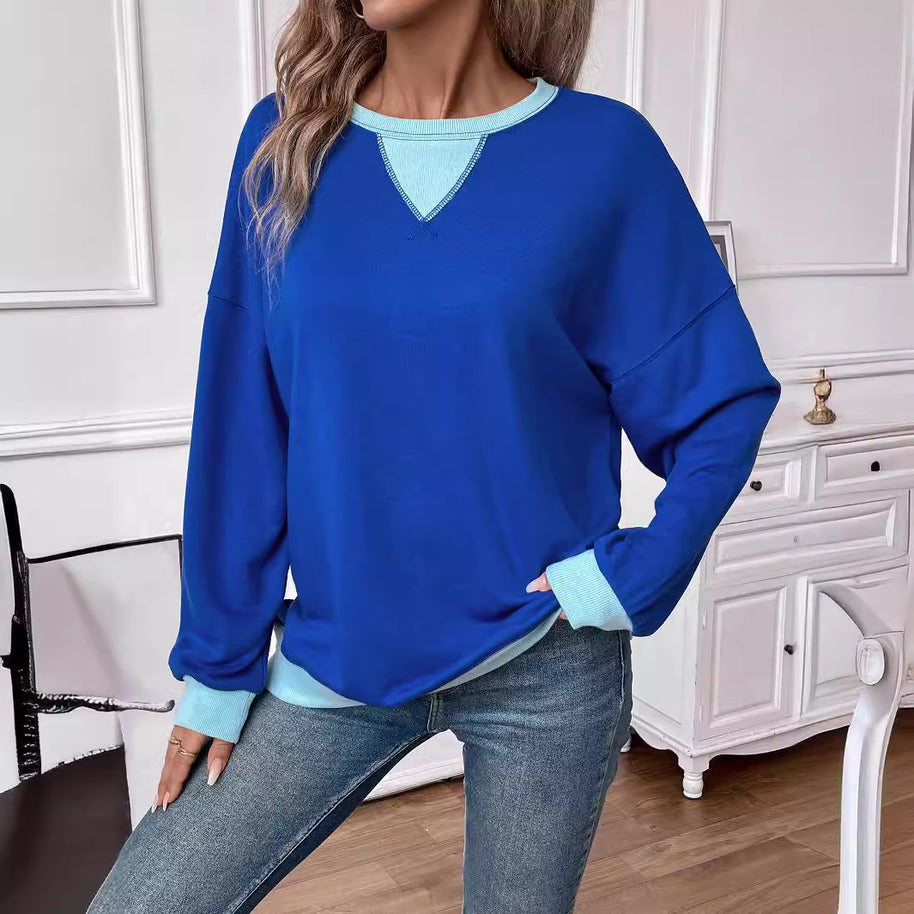 Damen lässiges Sweatshirt mit V-Ausschnitt und Kontrastbündchen WW