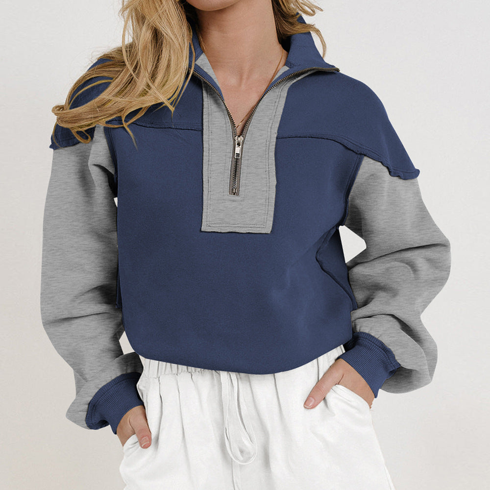 Damen lässiger Pullover mit halbem Reißverschluss und kontrastierenden Ärmeln WW
