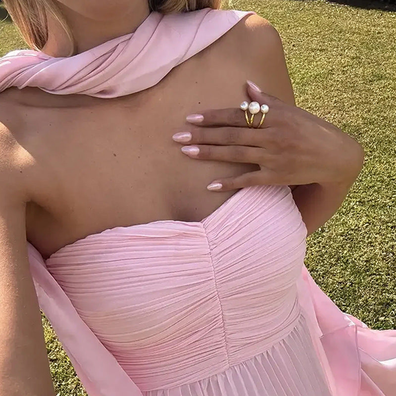 Damen Bodenlanges Rüschen-Maxikleid mit schulterfreiem Schnitt und fließendem Material W&W Mode