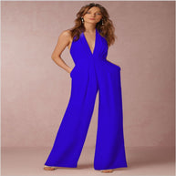 Damen eleganter Jumpsuit mit tiefem V-Ausschnitt und weitem Bein WW