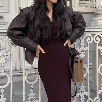 Damen stilvolle Kunstlederjacke mit Drapierung und taillierbarem Gürtel WW