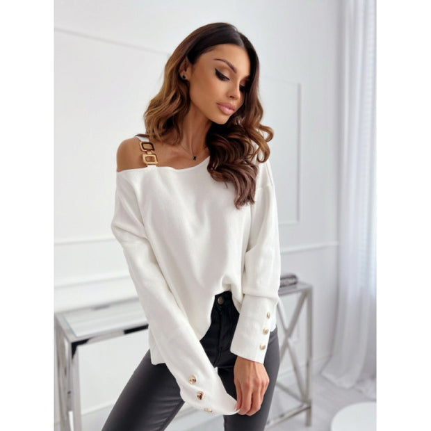 Damen Bequemer Oversized Pullover mit asymmetrischem Design und dekorativen Knöpfen WW