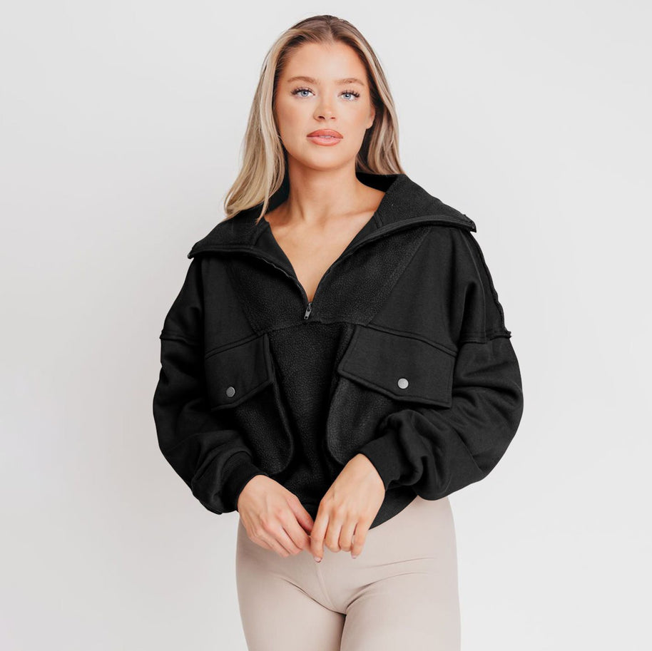 Damen Sportlicher Fleece-Pullover mit Reißverschluss und Tasche WW