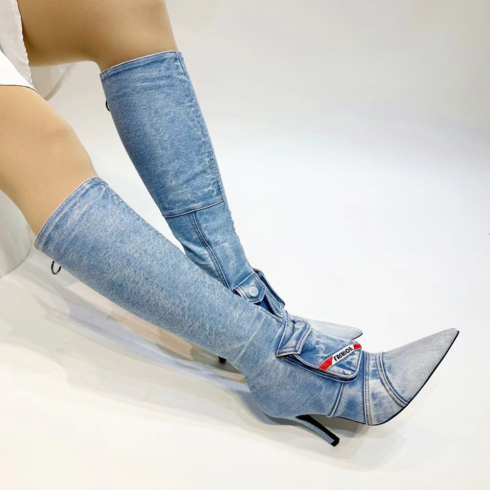 Damen High-Stiletto Denim Über-die-Knie Stiefel mit dekorativer Tasche WW