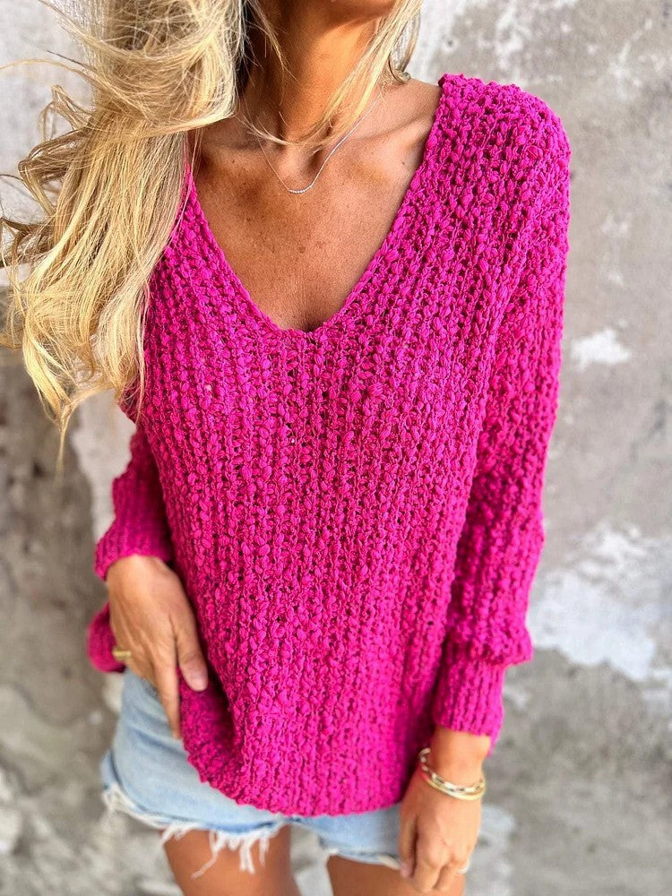 WW Chunky gestrickter V-Ausschnitt gemütlicher langärmeliger Pullover