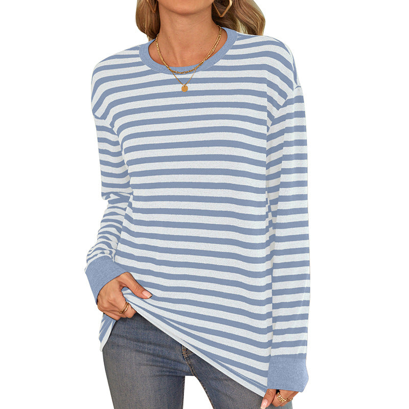 Damen bequemes Langarmshirt mit gestreiftem Design und Rundhalsausschnitt WW