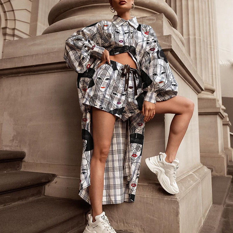Damen Oversized Hemd mit grafischem Print und kurzer Hosenkombination W&W Mode