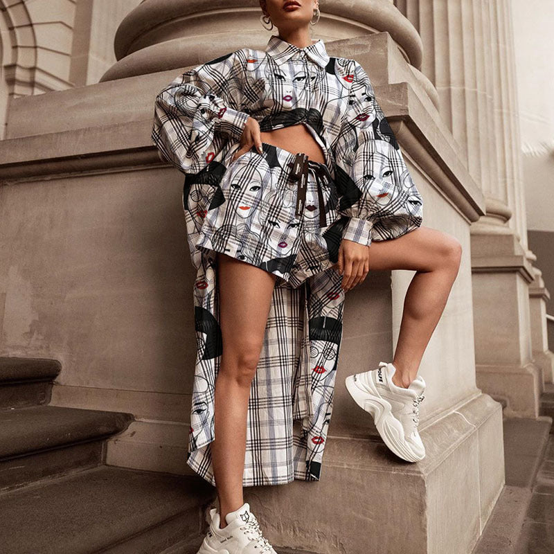 Damen Oversized Hemd mit grafischem Print und kurzer Hosenkombination WW