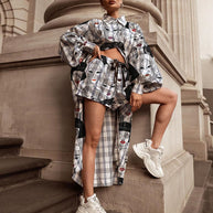 Damen Oversized Hemd mit grafischem Print und kurzer Hosenkombination WW
