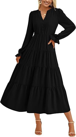 Damen Gestuftes Langarm Maxikleid WW