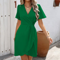WW | Taillienverstellbares Ein-Schritt Rock Kurzarm Polyester Kleid