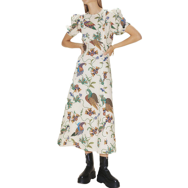 Damen Maxikleid mit kunstvollem Blumenmuster und voluminösen Ärmeln W&W Mode