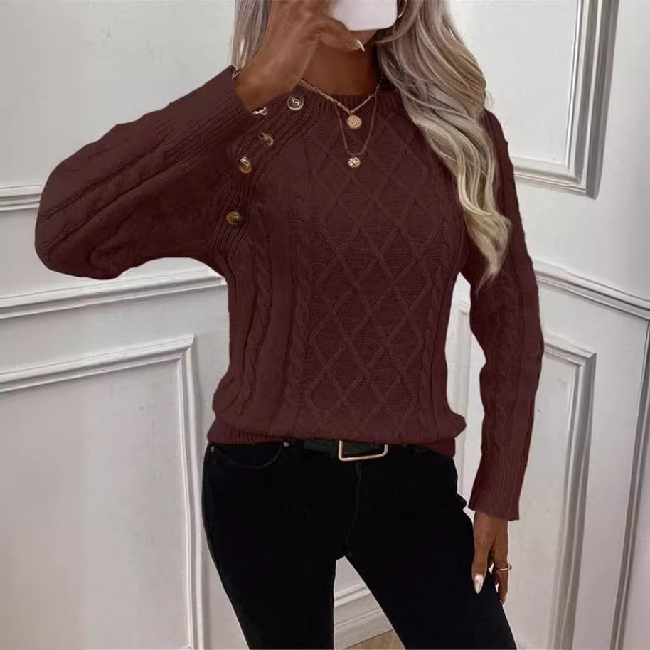 Damen Strickpullover mit strukturiertem Rautenmuster und dekorativen Knöpfen WW
