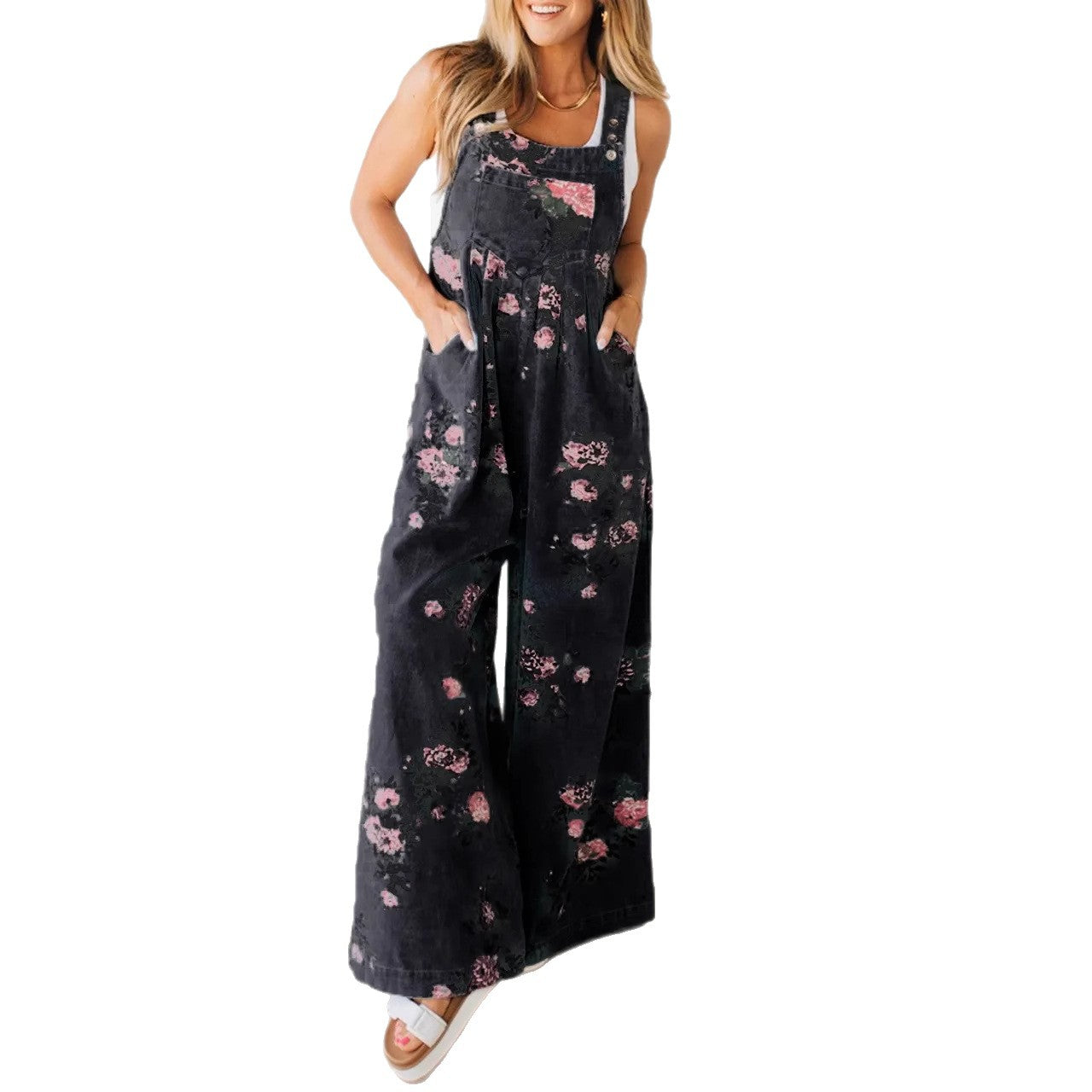Damen Baumwoll-Overall mit floralem Druck und weiten Beinen WW