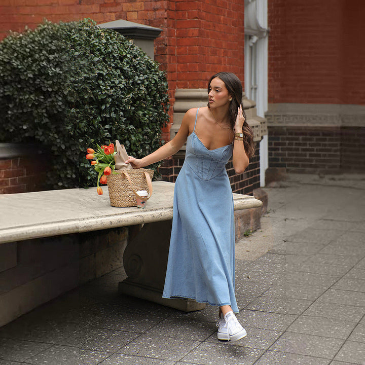 Damen Denim-Maxikleid mit schickem Trägerdesign und fließendem Schnitt W&W Mode
