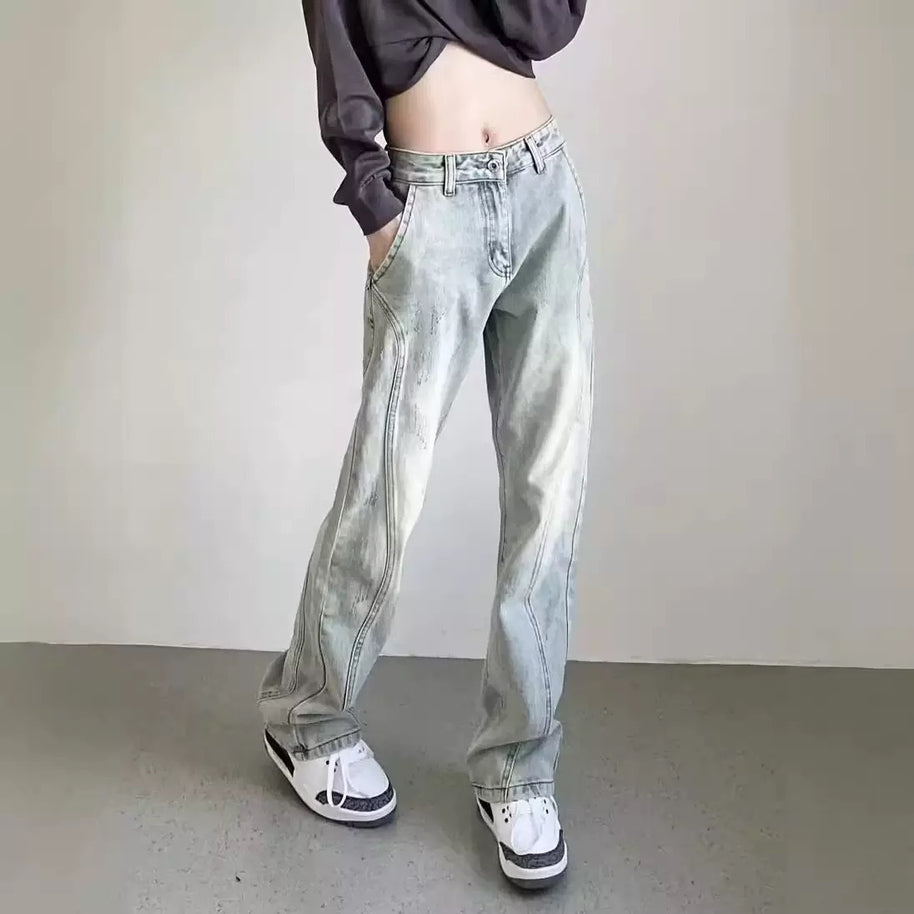 Damen weite High-Waist Denim-Jeans mit distressed Optik und bequemen Seitentaschen WW