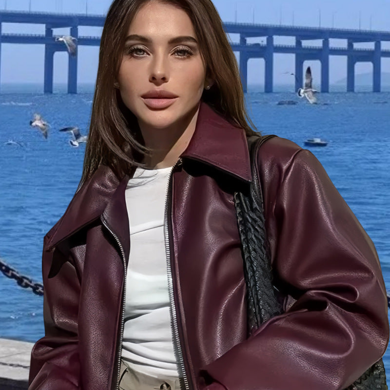 Damen Kunstlederjacke mit Stehkragen und voluminösen Ärmeln WW