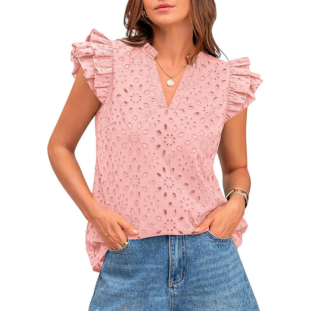 Damen Bluse mit Rüschenärmel und floralem Lochmuster WW