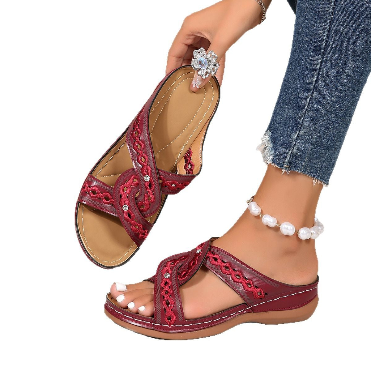 Damen bequeme und elegante Sandalen mit geflochtenen Riemen und gepolstertem Fußbett WW