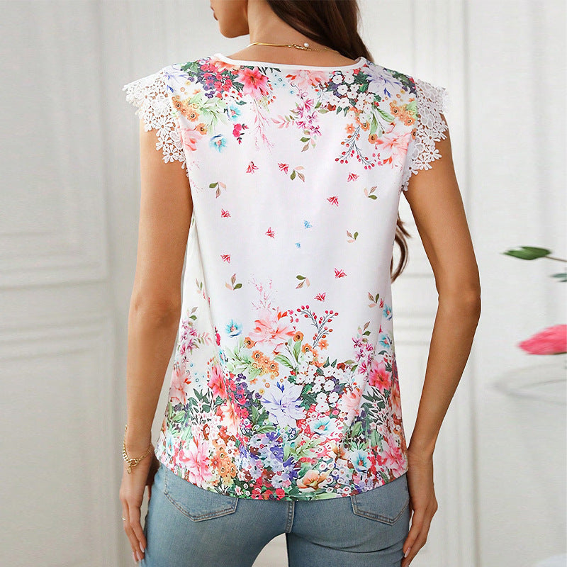 Damen Bluse mit floralem Design und elegantem Spitzenärmel WW