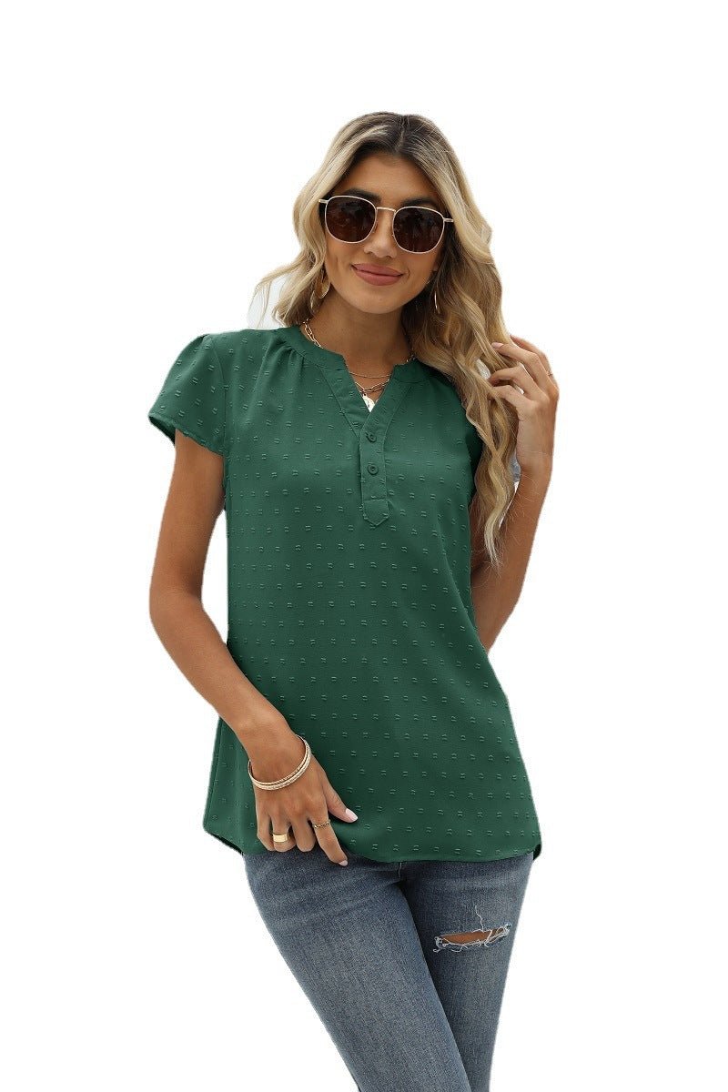 WW | Jacquard Chiffon Locker V-Ausschnitt Kurzarm Top