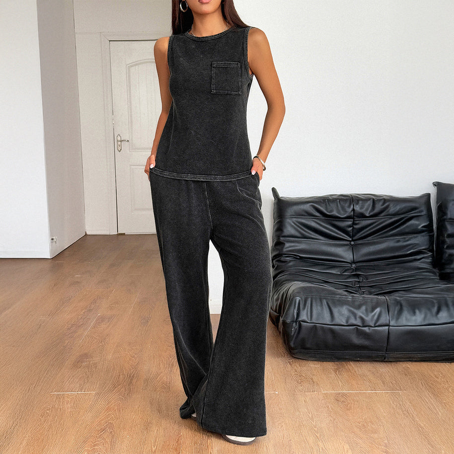 Damen Bequemes Freizeit-Set mit weit geschnittenen Hosen und ärmellosem Oberteil WW