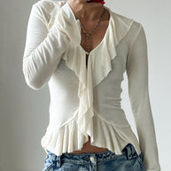 Damen Rüschenbluse mit verführerischem V-Ausschnitt und elastischem Saum WW