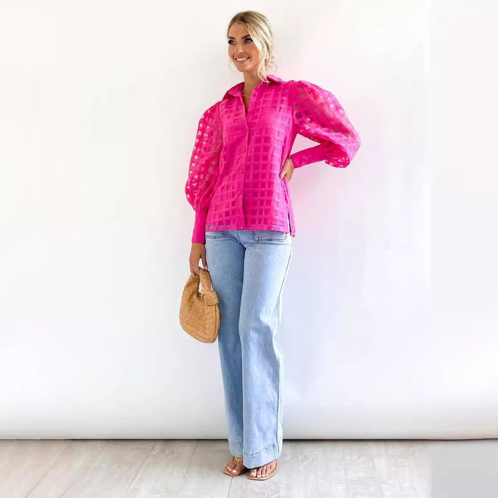 Damen Kariertes Hemd mit transparenten Puffärmeln W&W Mode