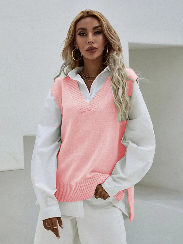 Damen Strickweste mit V-Ausschnitt und geripptem Saum WW