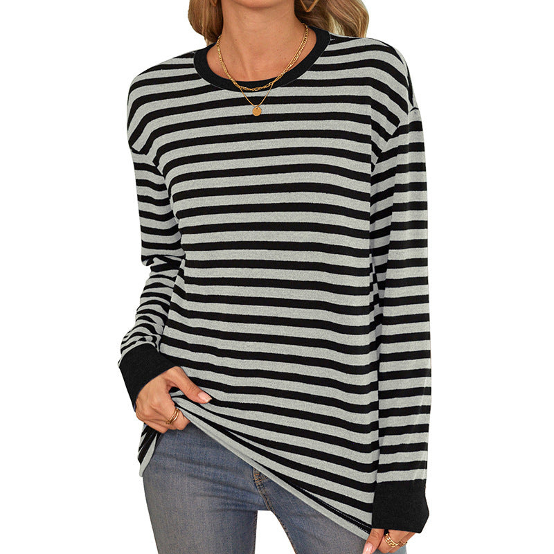 Damen bequemes Langarmshirt mit gestreiftem Design und Rundhalsausschnitt WW