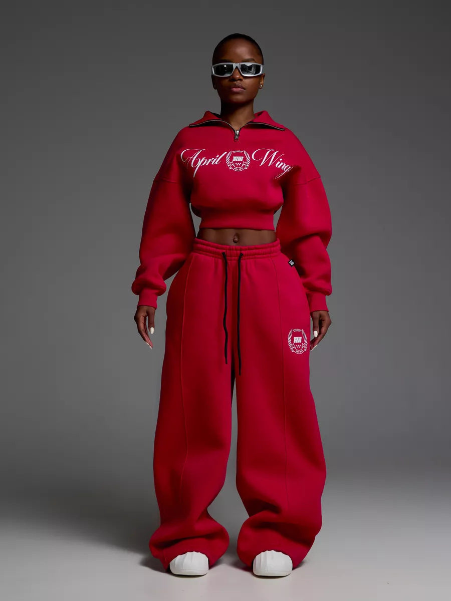 Damen Sportliches Cropped Sweatshirt und lässige Freizeithose Set WW