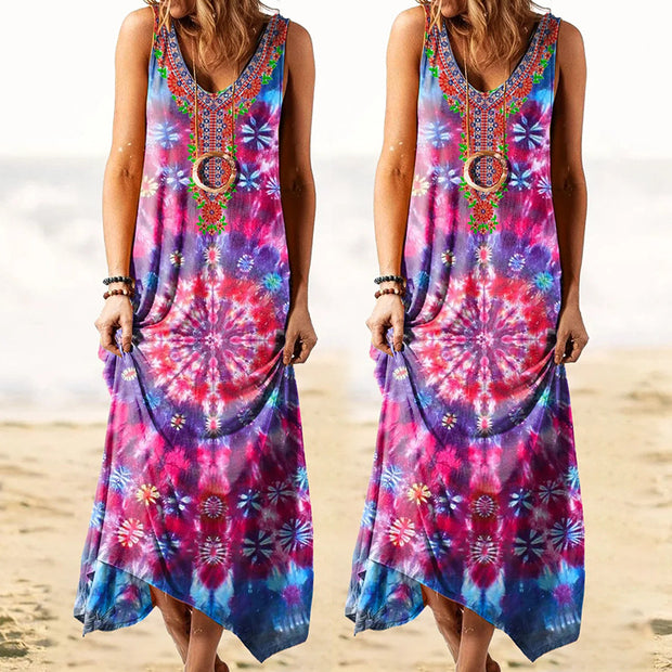Damen Freizeit-Maxikleid mit buntem Batik-Design und eleganter Stickerei WW