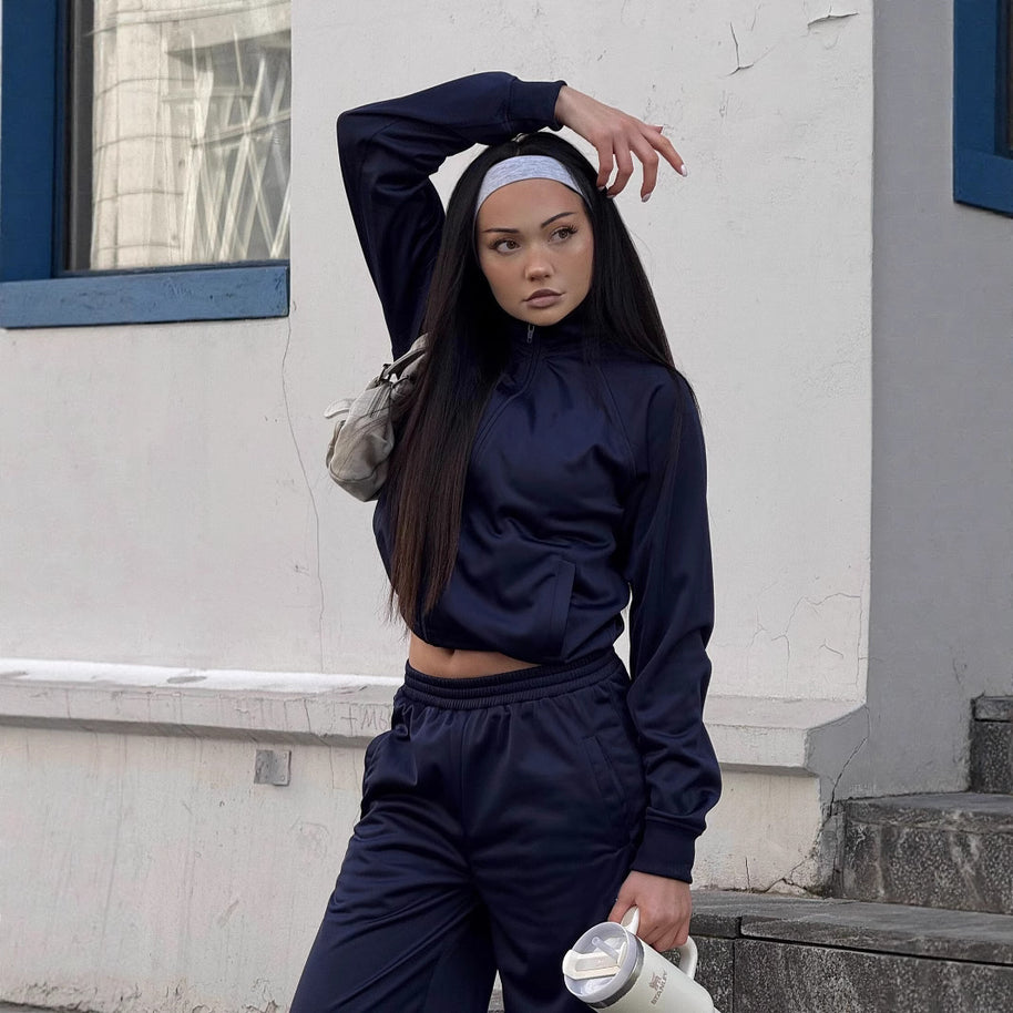 Damen sportliches Zweiteiler-Set mit hohem Kragen und elastischem Bund WW