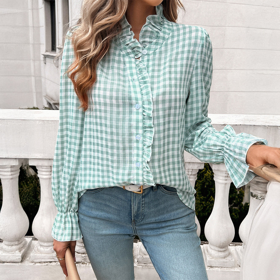 Damen Karierte Bluse mit Rüschendetails und Knopfleiste WW