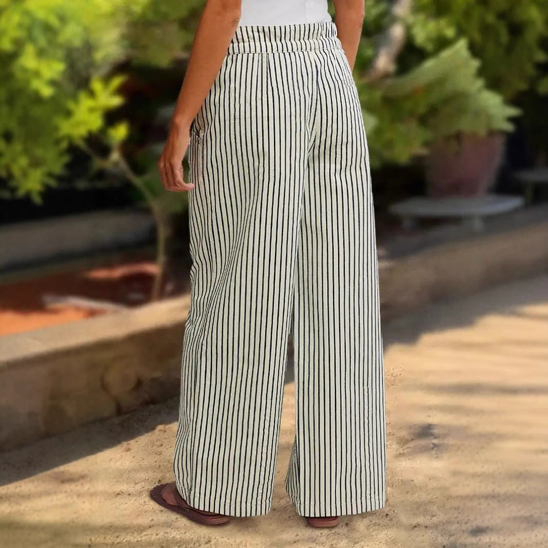 Damen Bequeme Strandhose mit lässigem Streifenmuster und geflochtenem Bund WW