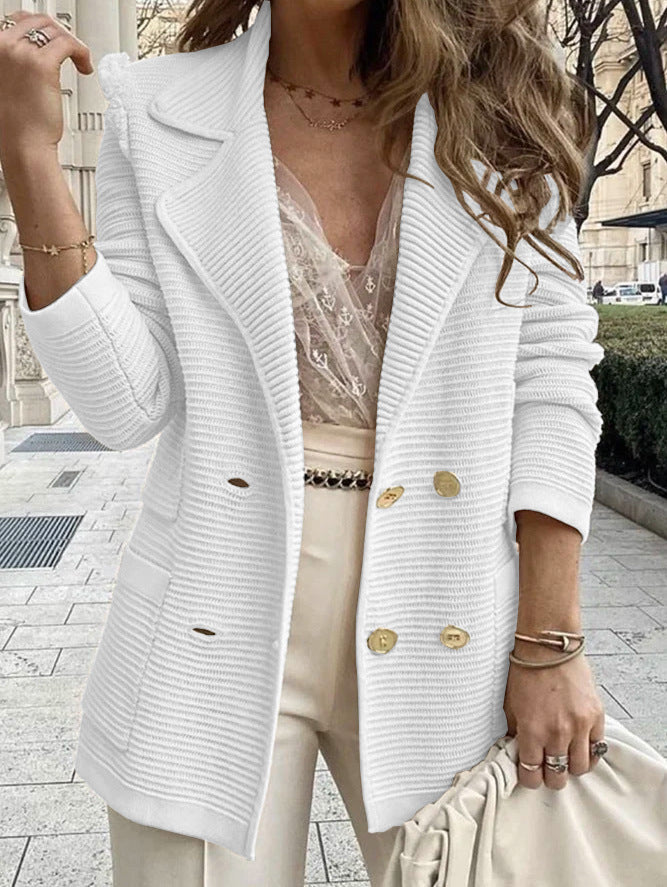 Damen lässiger Strickblazer mit doppelter Knopfleiste und Taschen WW