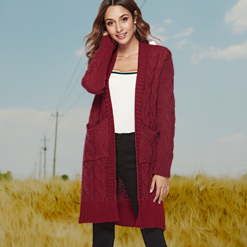 Damen Strickmantel mit großen Taschen und eleganten Zopfmustern WW