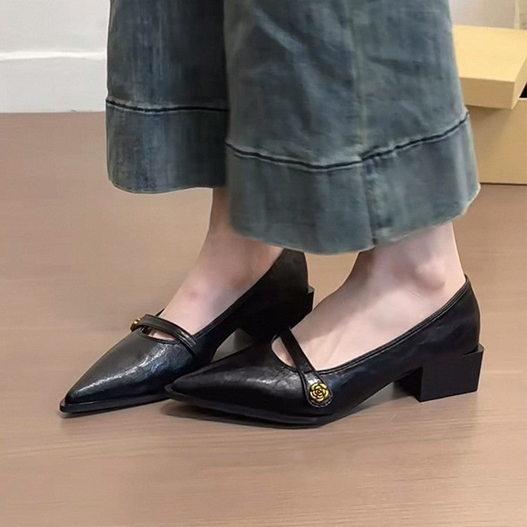 Damen Bequeme spitz zulaufende Ballerinas mit dekorativem Riemchen und Blockabsatz WW
