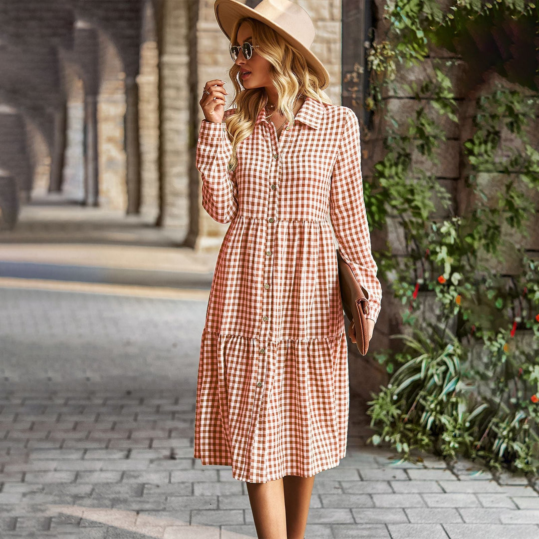 Damen karierte Midi-Bluse mit Knopfleiste und ausgestelltem Rock W&W Mode