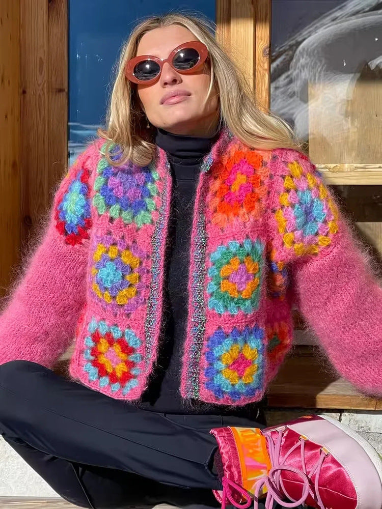 Damen Strickjacke mit buntem Granny-Quadrat-Design und luftigen Ärmeln WW