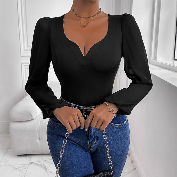 Damen Body mit tiefem V-Ausschnitt und transparenten Puffärmeln WW