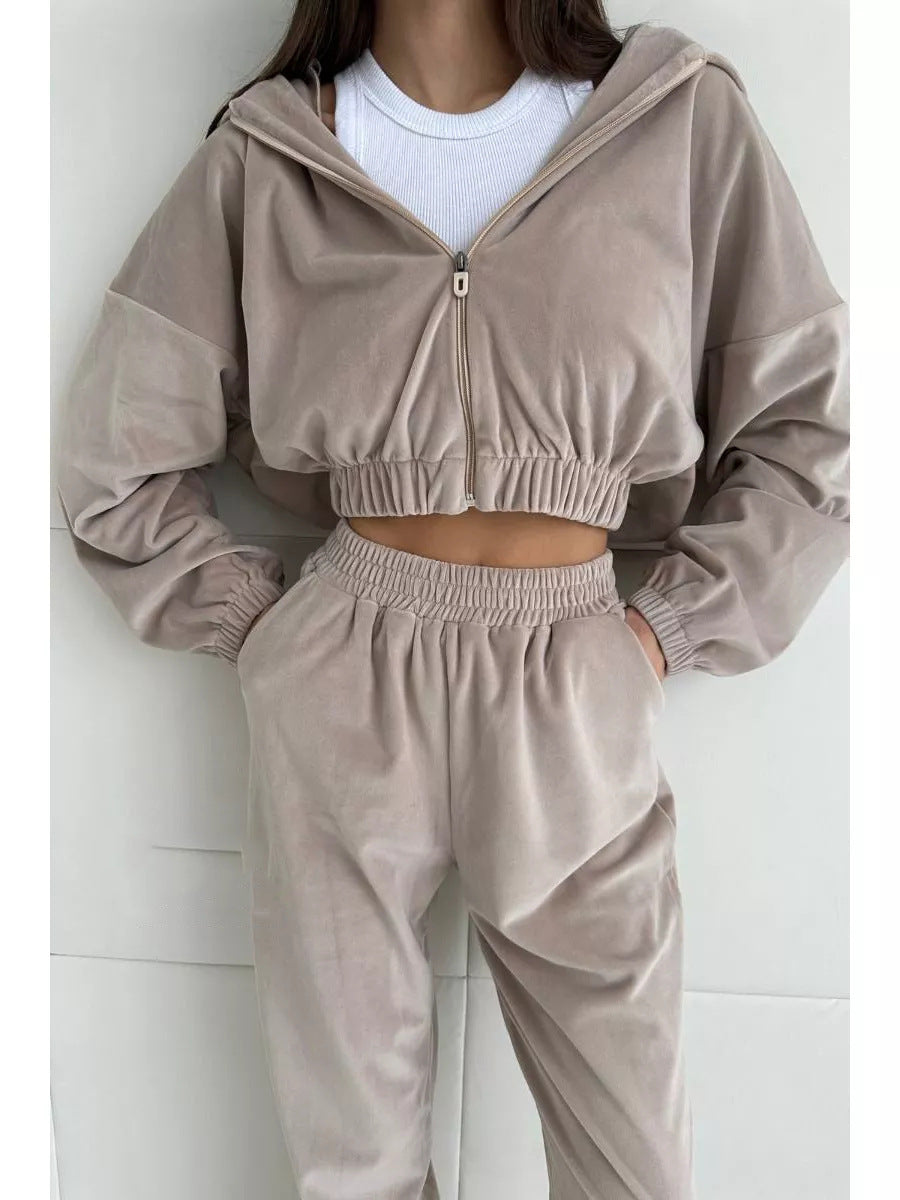 Damen sportlich-eleganter Fleece-Trainingsanzug mit hoher Taille und Reißverschluss WW