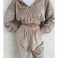 Damen sportlich-eleganter Fleece-Trainingsanzug mit hoher Taille und Reißverschluss WW