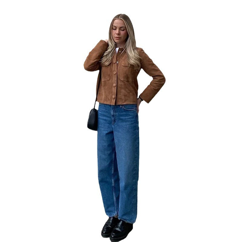 Damen klassische Wildlederjacke mit aufgesetzten Taschen und sportlichem Schnitt W&W Mode
